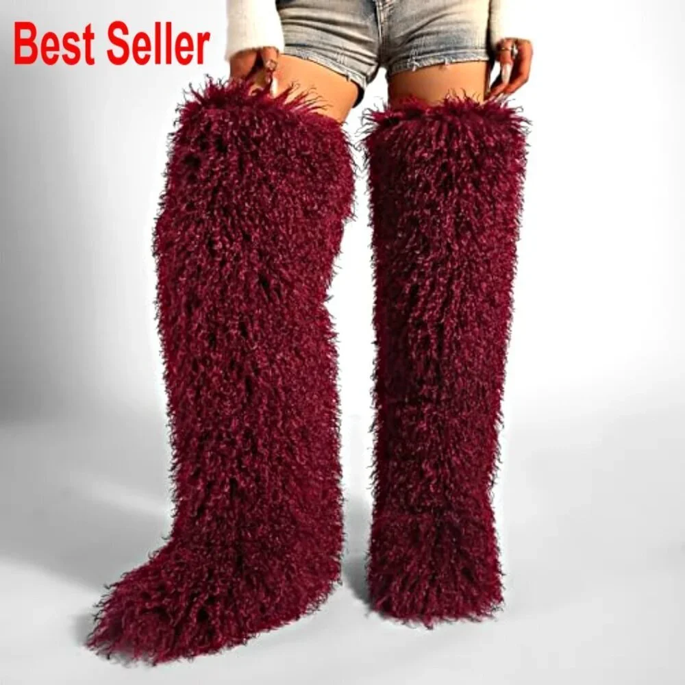 Thigh High Faux Fur Boots, Over the Knee Flat Winter Boots